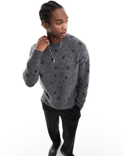 AllSaints Polk Crew Neck Print Knitted Sweater - Gray