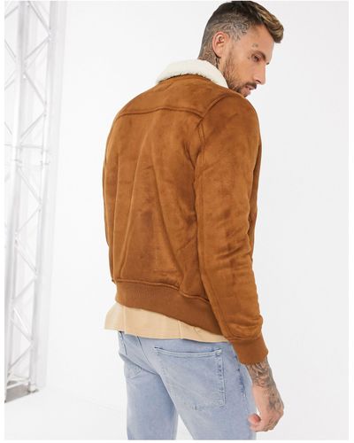 Bershka Suede Bomber Jacket With Borg Collar - Brown