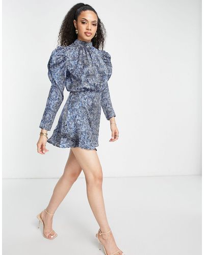 AX Paris Mini-jurk Met Lange Pofmouwen - Blauw