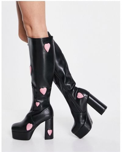 LAMODA Knee High Platform Boots With Pink Hearts - Black
