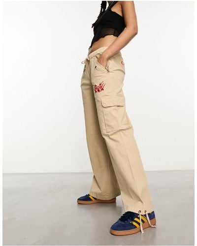 Ed Hardy Relaxed Low Rise Cargo Trousers With Red Embroidery - Natural