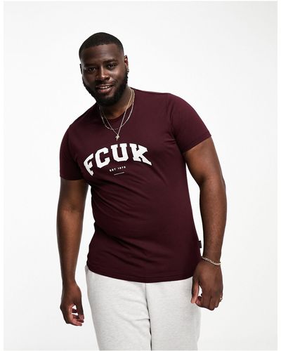 French Connection Fcuk plus - t-shirt bordeaux e bianca con logo stile college - Rosso