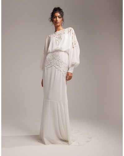 ASOS Ella Blouson Sleeve Beaded Cutwork Wedding Dress - White
