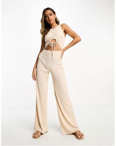 ASOS Racerneck Rib Jumpsuit With Ruched Keyhole - Natural
