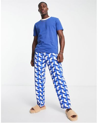 ASOS Pyjamaset Van T-shirt En Broek Met Geometrische Print - Blauw