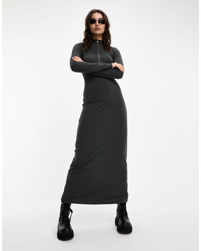 Collusion Long Sleeve Zip Mock Neck Maxi Dress - Black