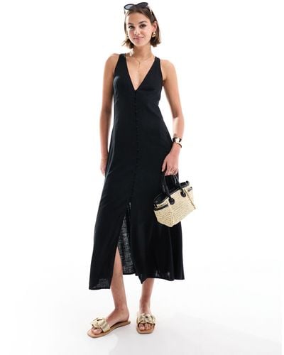 ASOS Button Down Linen Midi Dress With Full Skirt - Black