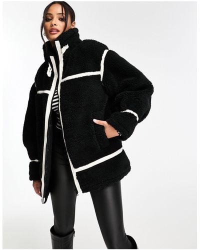 Miss Selfridge Faux Fur Aviator Oversized Coat - Black