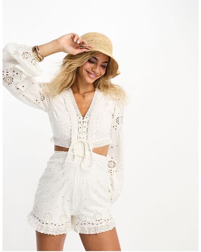 Miss Selfridge Festival Broderie Lace Detail Cut Out Playsuit - Ivory - White