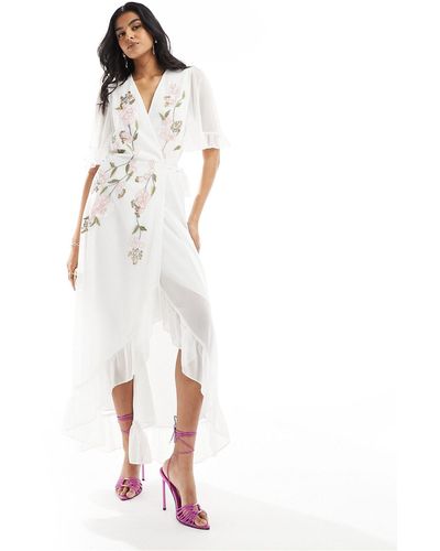 Hope & Ivy Ruffle Hem Embroidered Wrap Maxi Dress - White