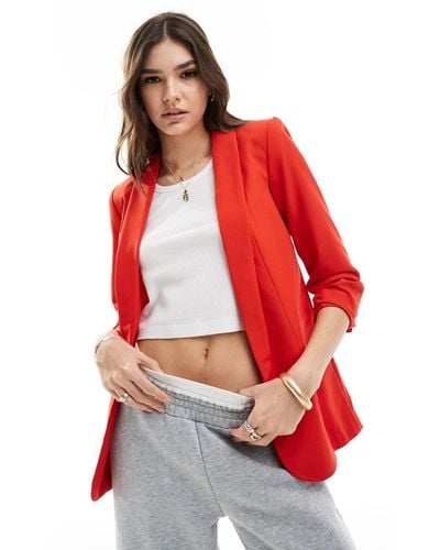 Pieces Ruched Sleeve Blazer - Red