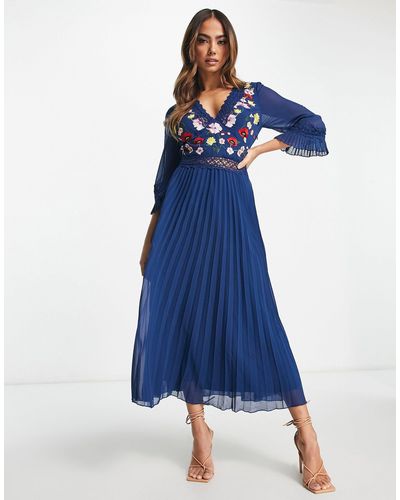 ASOS Lace Insert Pleated Midi Dress With Embroidery - Blue