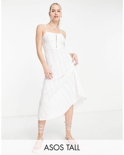 ASOS Asos Design Tall Broderie Strappy Midi Tea Dress With Hook And Eye Detail - White