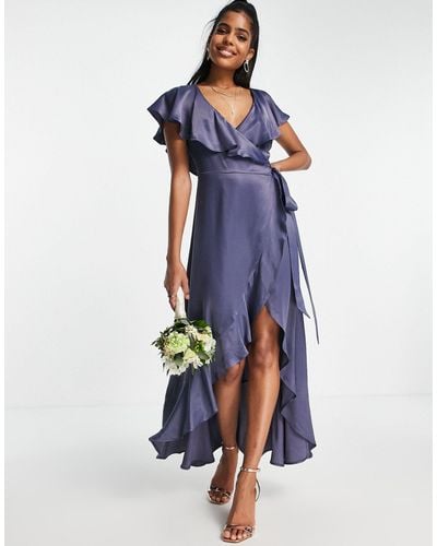 TOPSHOP Bridesmaid Satin Frill Wrap Dress - Blue