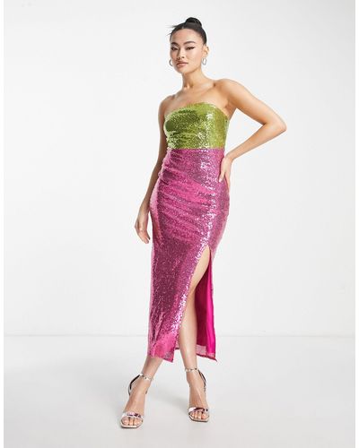 Collective The Label Exclusivité - - robe longueur mollet effet color block à sequins - citron vert/rose vif