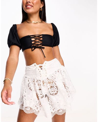 Miss Selfridge Beach Hanky Hem Lace Up Detail Lace Mini Skirt - Black