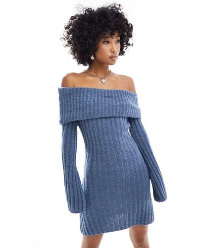 Collusion Knitted Bardot Mini Dress - Blue