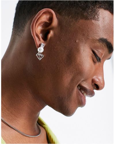 ASOS Party Pearl And Diamond Shape Stud Earrings - Metallic