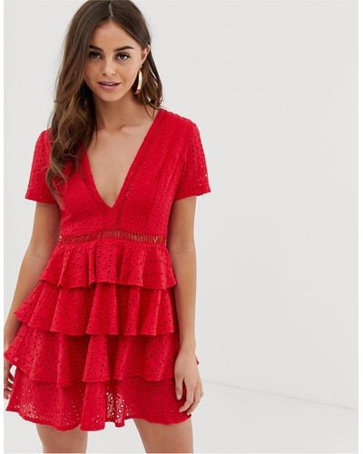 PrettyLittleThing Broderie Mini Dress With Tiered Skirt Detail
