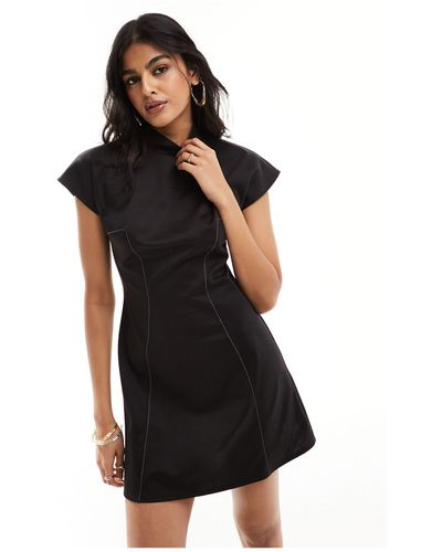 ASOS High Neck Mini Dress With Capped Sleeve & Seam Detail - Black