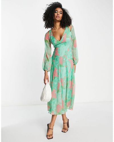 ASOS Long Sleeve Backless Cutout Maxi Dress With Godets - Green