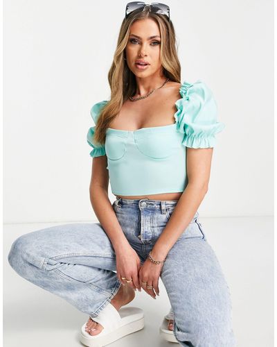I Saw It First Puff Sleeve Crop Top - Blue