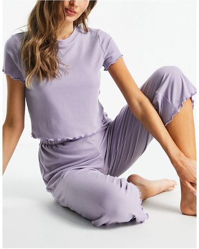 Miss Selfridge Ribbed Crop Top And Culotte Pyjama Set - Purple