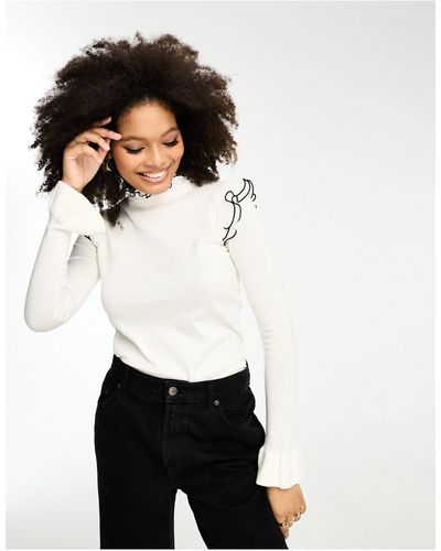 River Island Frill Sleeve Jumper With Black Contrast Trim - White