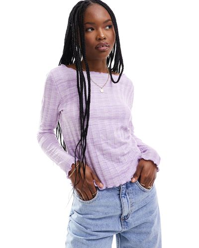 Pieces Ribbed Wide Neck Top - Purple