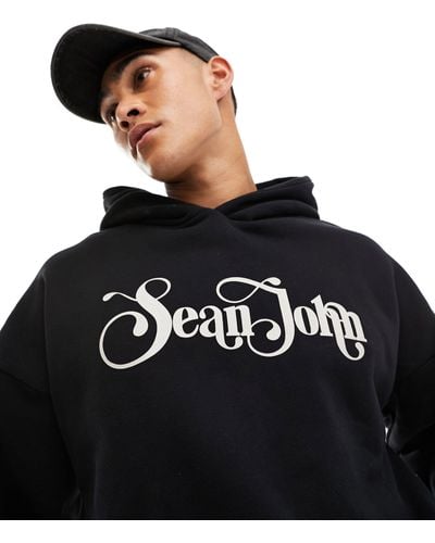 Sean John Sudadera negra sin cierres con capucha y estampado del logo - Negro