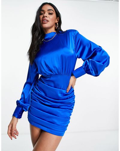 In The Style X Billie Faiers High Neck Ruched Skirt Mini Dress - Blue