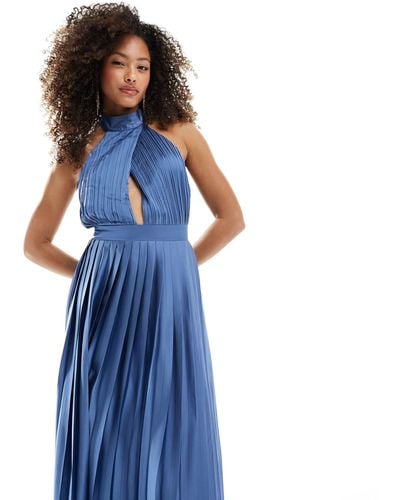 TFNC London Bridesmaid Satin Pleated Halterneck Maxi Dress With Full Skirt - Blue
