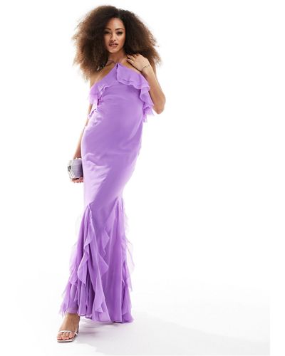 ASOS Ruffle Halter Bias Maxi Dress With Ruffle Hem - Purple