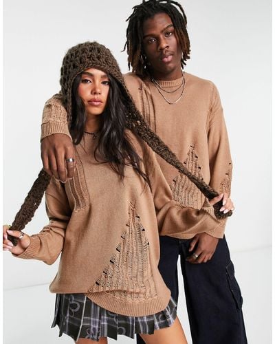Collusion Unisex Knitted Distressed Jumper - Brown