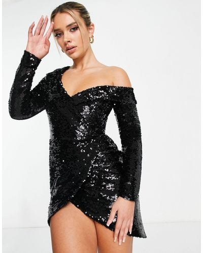 Lavish alice sequin velvet clearance off shoulder asymmetric mini dress