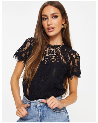 Lipsy lace shoulder wrap front top in black