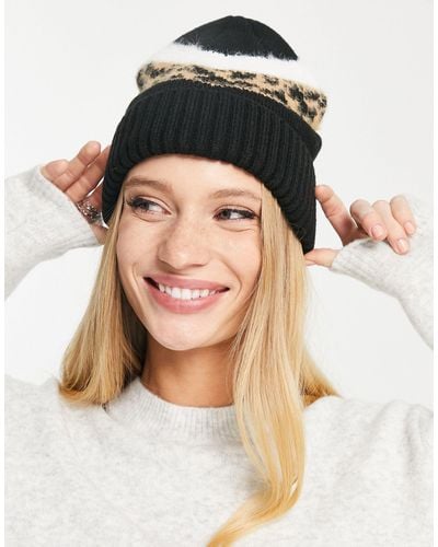 French Connection Animal Print Beanie Hat - Black