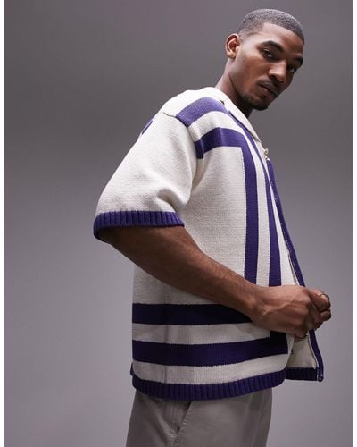 TOPMAN Knitted Crochet Vertical Stripe Button Through Shirt - Blue