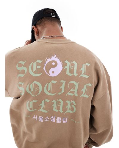 Only & Sons Sudadera marrón extragrande con estampado "seoul" en la espalda - Blanco