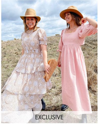 Labelrail X collyer twins - robe longueur mollet à pois brodés avec jupe étagée - Rose