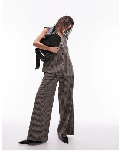 TOPSHOP Striped Linen Wide Leg Pleated Trousers - Brown