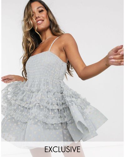 LACE & BEADS Exclusive Super Mini Tulle Dress With Built - Blue