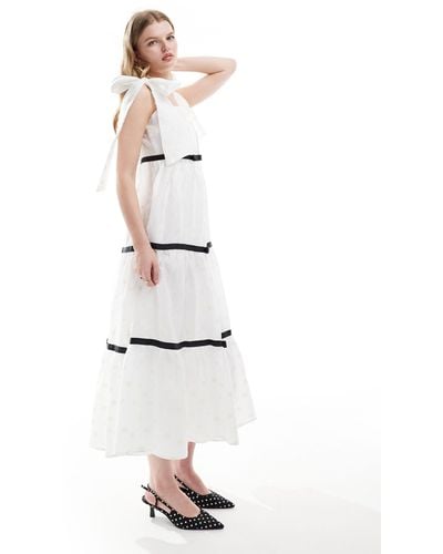 Sister Jane Bow Shoulder Jacquard Midi Dress - White