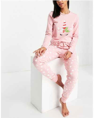 Threadbare Christmas Unicorn Long Pajamas - Pink