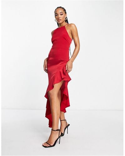 Naanaa Satin Asymmetric Cut Dress With Tie Back Detail - Red