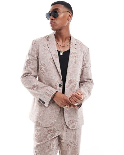 ASOS Slim Fit Linen Jacquard Suit Jacket - Brown