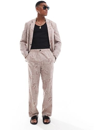 ASOS Pull On Linen Wide Leg Jacquard Suit Trouser - Brown