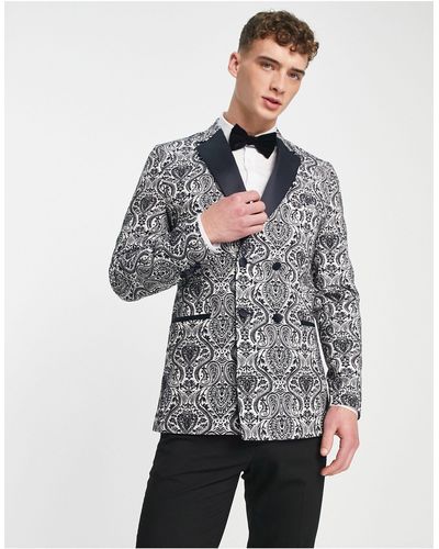 Bolongaro Trevor Double Breasted Paisley Print Black Lapel Suit Jacket - Grey