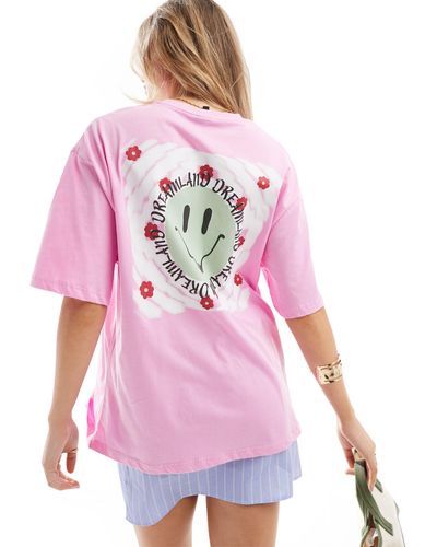 Pieces Oversized T-shirt With Wave Face Print Back - Pink
