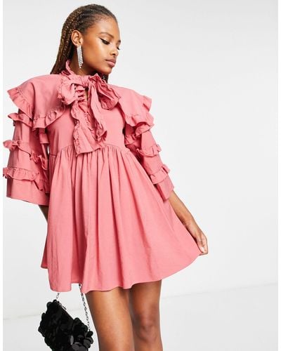 Sister Jane Ruffled Smock Dress With Bow Collar - Pink